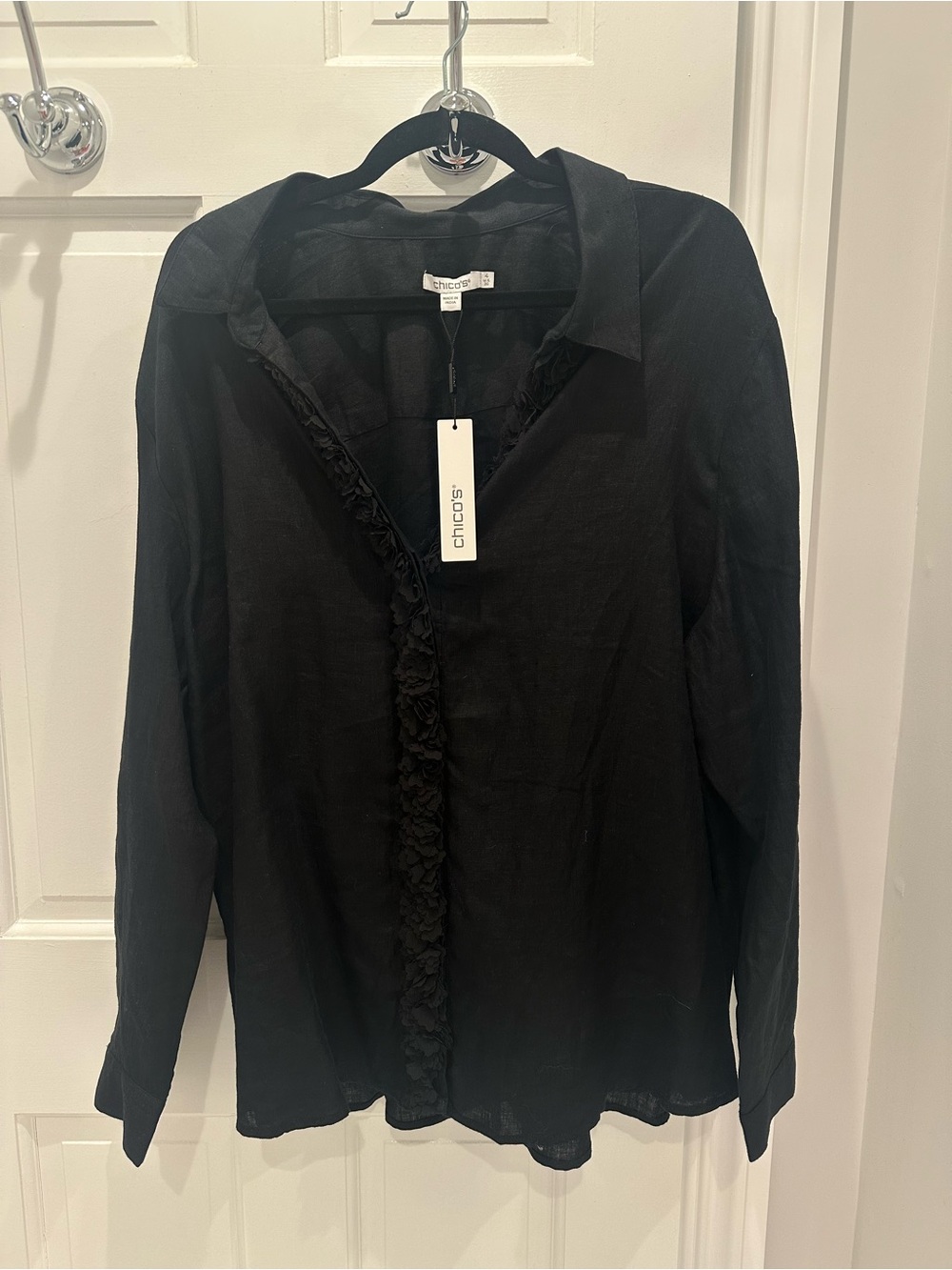 Chico's Black Ruffle Detail Collared Blouse